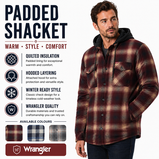Wrangler Men's Hooded Padded Check Shacket | Overshirt Jacket | S–3XL - QHA UK