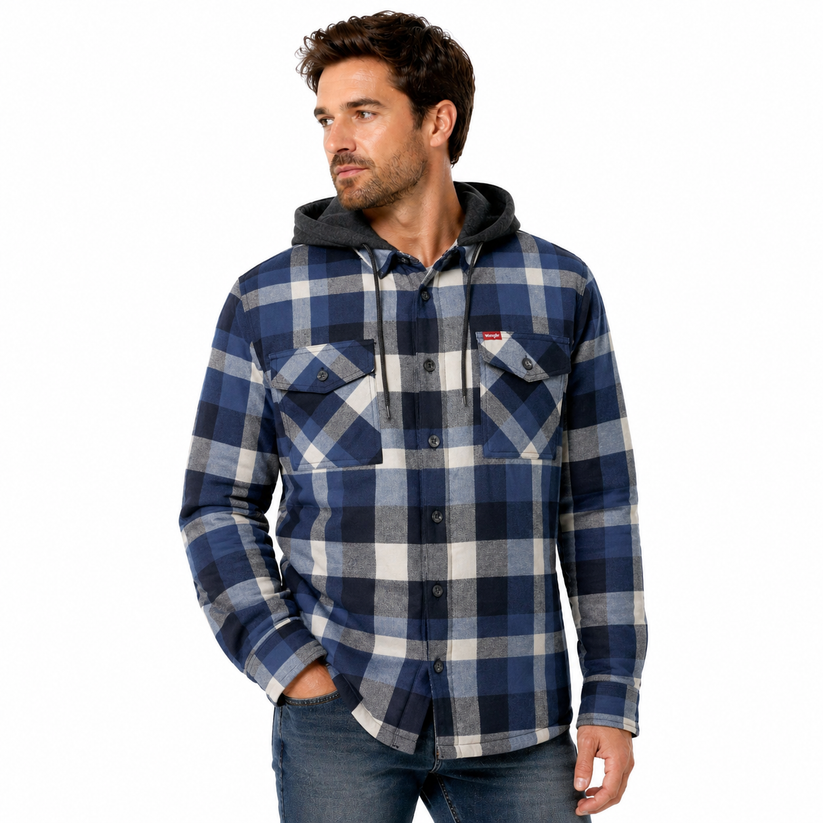 Wrangler Men's Hooded Padded Check Shacket | Overshirt Jacket | S–3XL - QHA UK