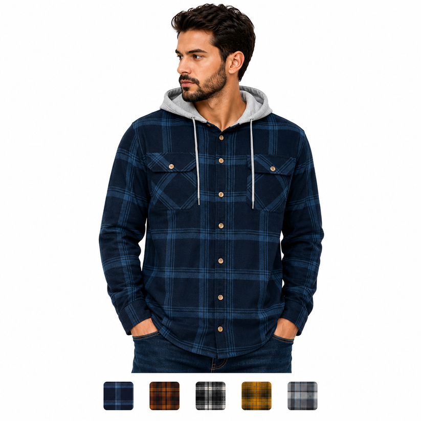 Wrangler Men's Hooded Padded Check Shirt Jacket | Shacket | S–3XL - QHA UK
