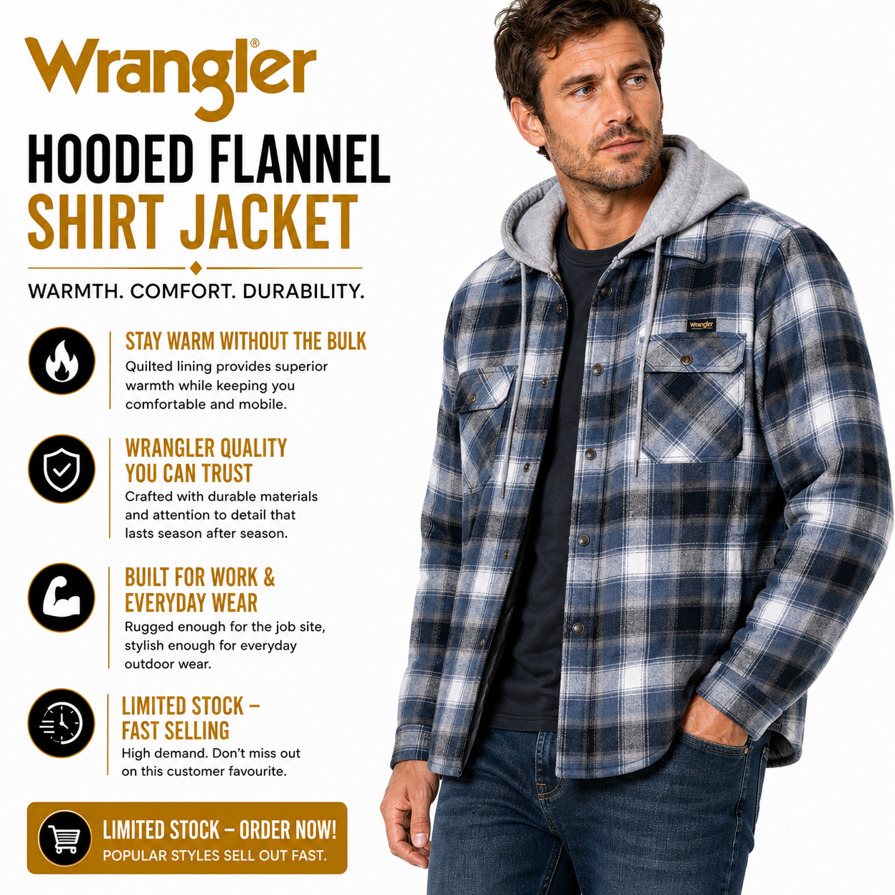 Wrangler Men's Hooded Padded Check Shirt Jacket | Shacket | S–3XL - QHA UK
