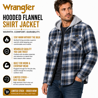 Wrangler Men's Hooded Padded Check Shirt Jacket | Shacket | S–3XL - QHA UK