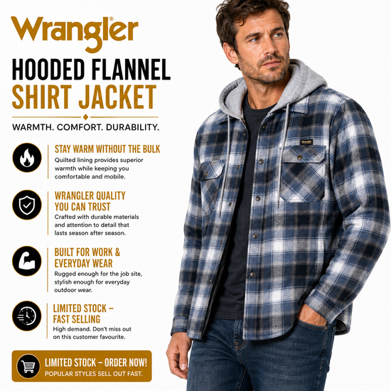 Wrangler Men's Hooded Padded Check Shirt Jacket | Shacket | S–3XL - QHA UK
