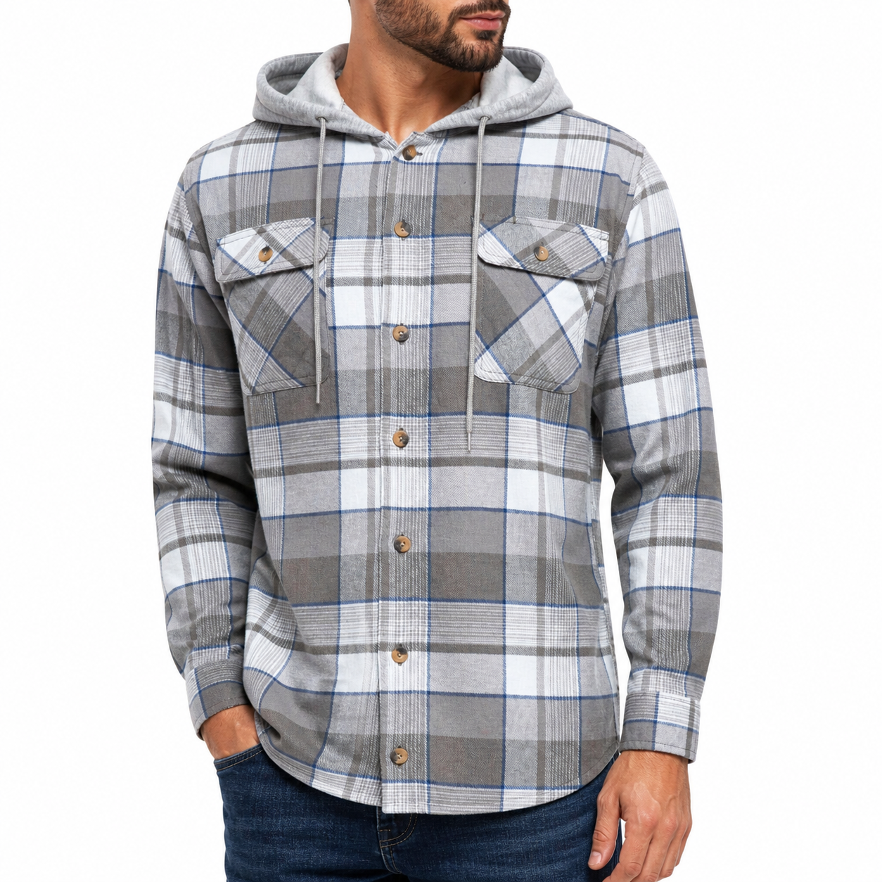 Wrangler Men's Hooded Padded Check Shirt Jacket | Shacket | S–3XL - QHA UK