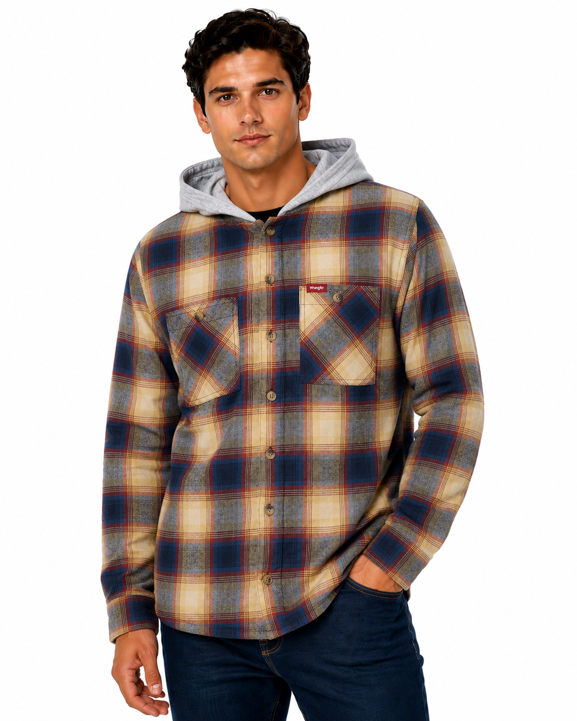 Wrangler Men's Hooded Padded Flannel Shacket | Check Shirt Jacket | M–3XL - QHA UK