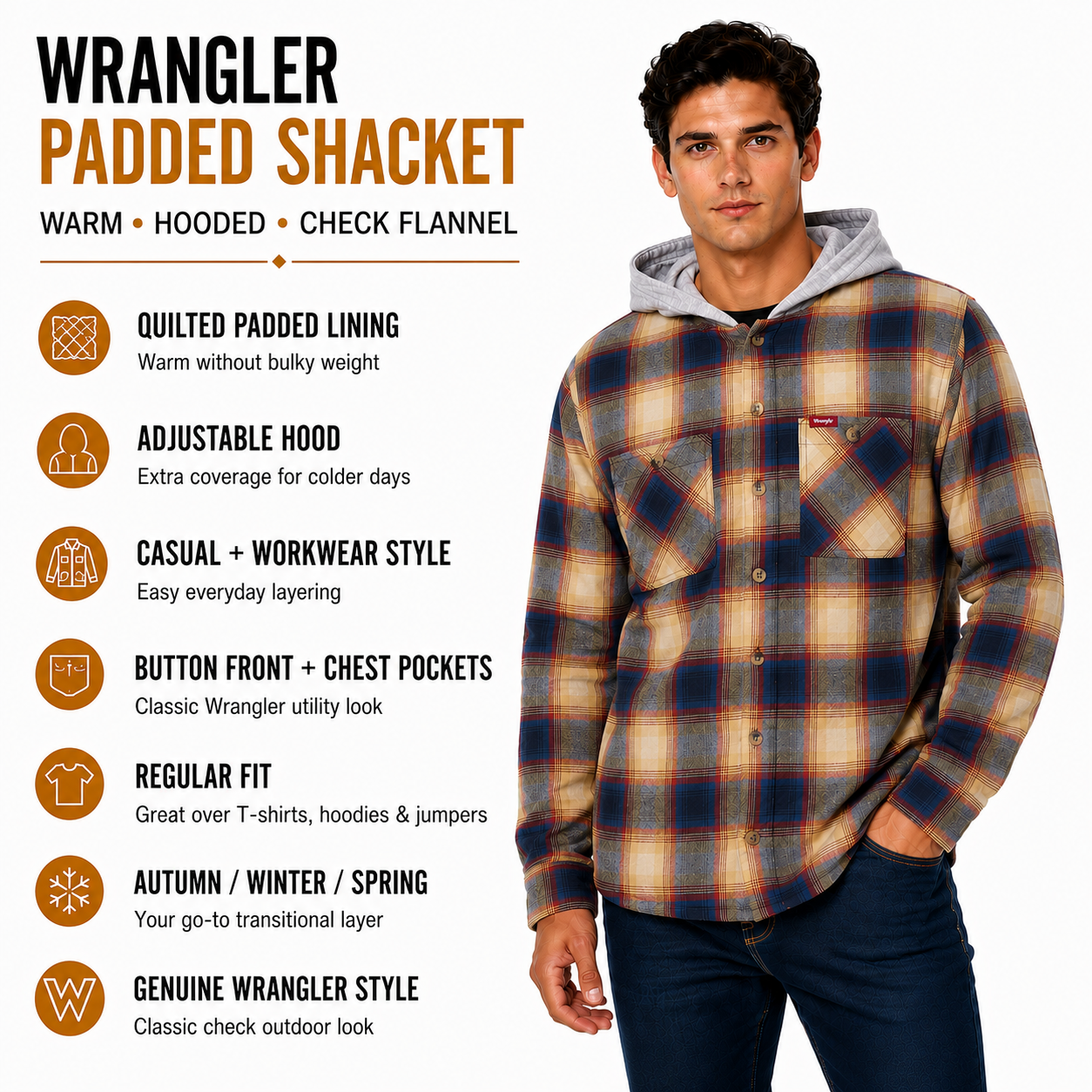 Wrangler Men's Hooded Padded Flannel Shacket | Check Shirt Jacket | M–3XL - QHA UK