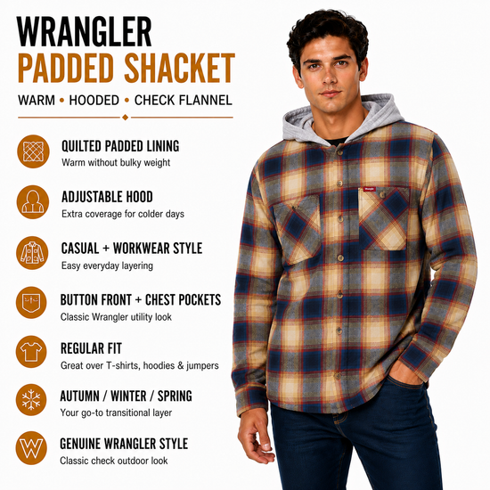 Wrangler Men's Hooded Padded Flannel Shacket | Check Shirt Jacket | M–3XL - QHA UK