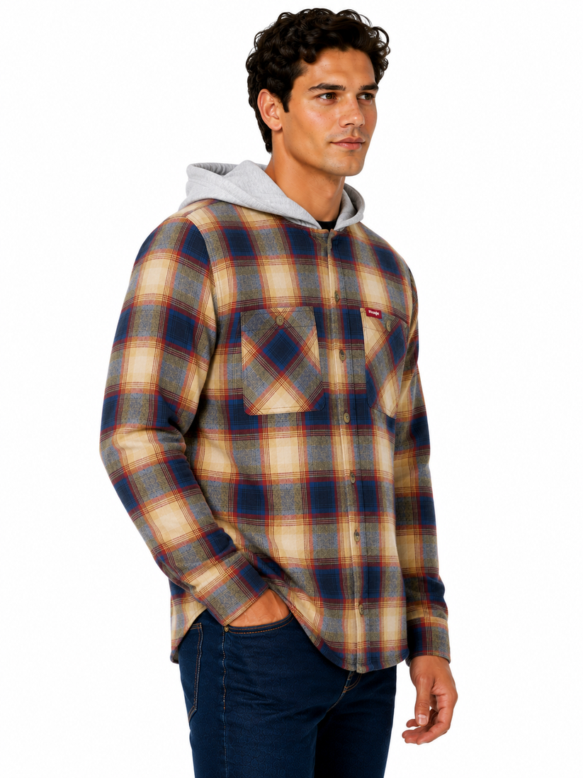 Wrangler Men's Hooded Padded Flannel Shacket | Check Shirt Jacket | M–3XL - QHA UK