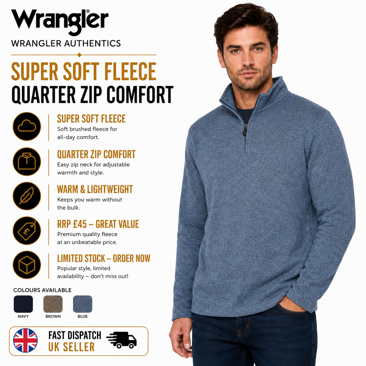 Wrangler Men's Quarter Zip Fleece Jumper | Marl Pullover | S–3XL - Zip Detail - QHA UK