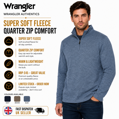 Wrangler Men's Quarter Zip Fleece Jumper | Marl Pullover | S–3XL - Zip Detail - QHA UK