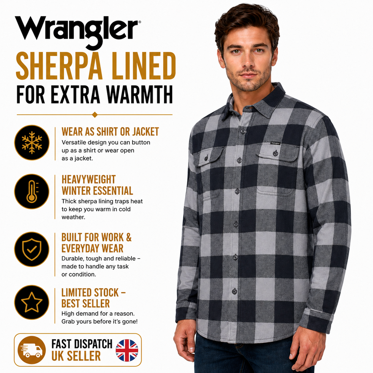 Wrangler Men's Sherpa Lined Flannel Shirt Jacket | Check Overshirt | M–3XL - QHA UK