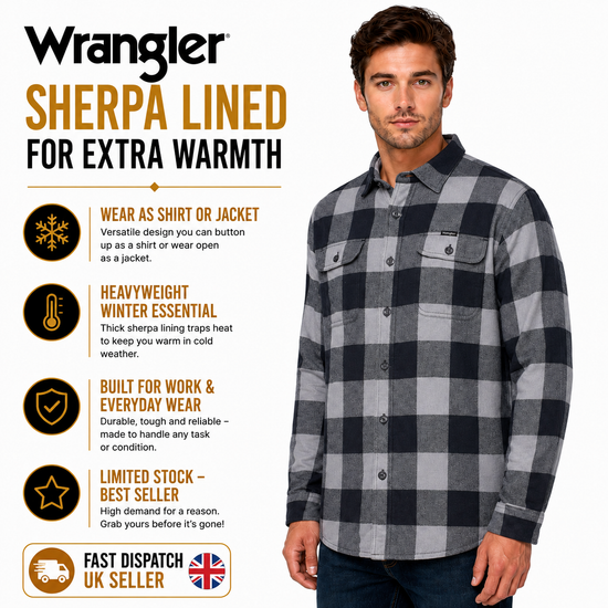 Wrangler Men's Sherpa Lined Flannel Shirt Jacket | Check Overshirt | M–3XL - QHA UK