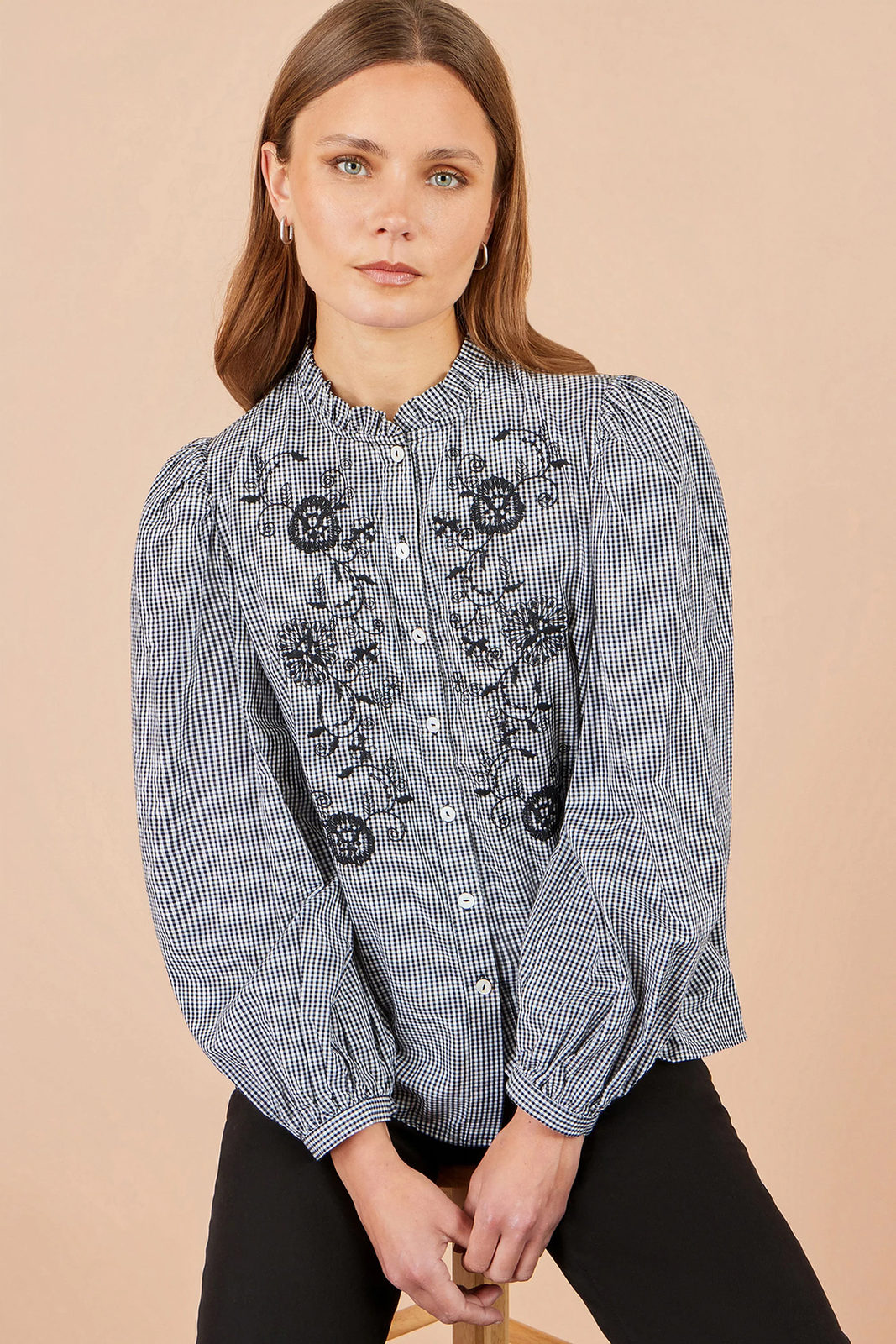 Yumi Women's Black Gingham Cotton Embroidered Frill Neck Shirt | QHA UK - QHA UK