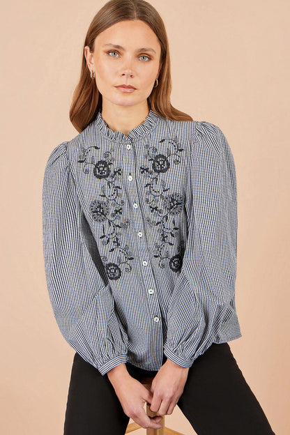 Yumi Women's Black Gingham Cotton Embroidered Frill Neck Shirt | QHA UK - QHA UK
