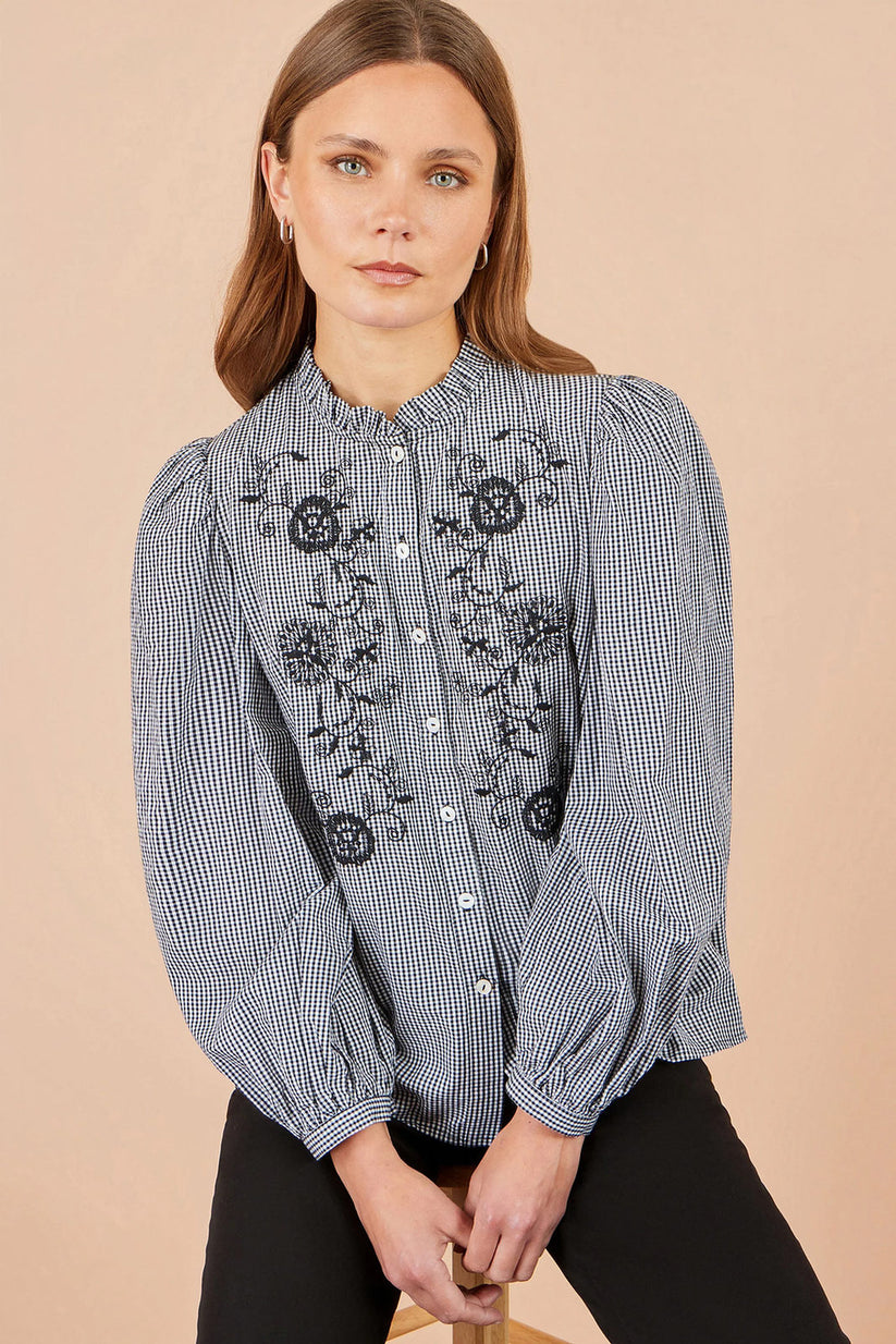 Yumi Women's Black Gingham Cotton Embroidered Frill Neck Shirt | QHA UK - QHA UK