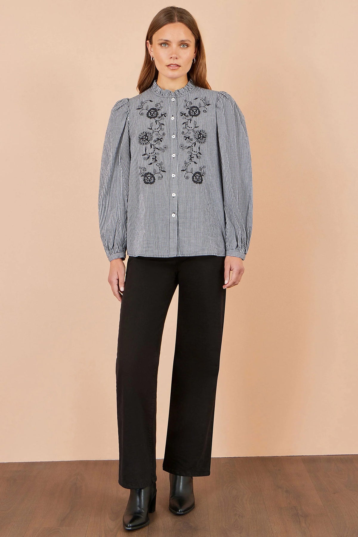 Yumi Women's Black Gingham Cotton Embroidered Frill Neck Shirt | QHA UK - QHA UK