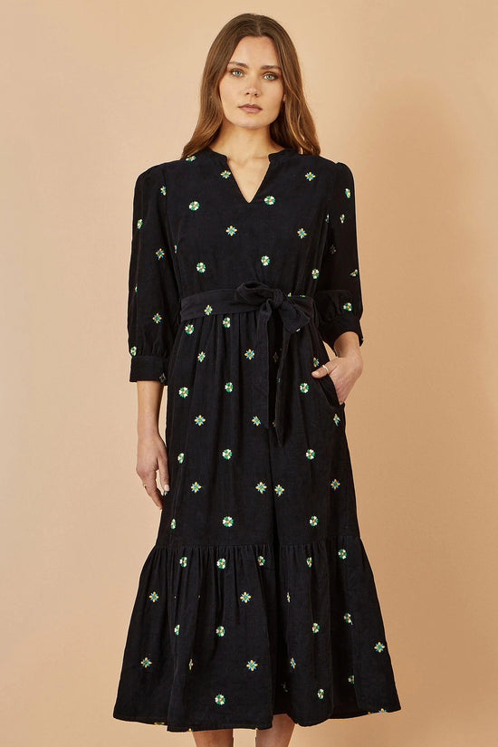 Yumi Black Cord Midi Dress | Floral Embroidery | UK Sizes 6–18 - QHA UK