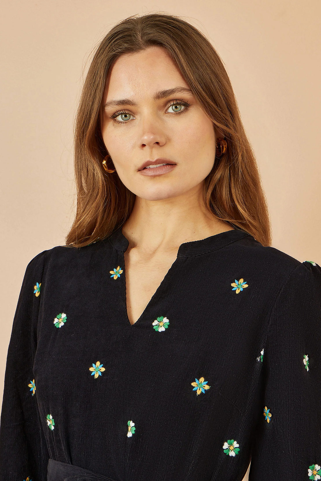 Yumi Black Cord Midi Dress | Floral Embroidery | UK Sizes 6–18 - QHA UK