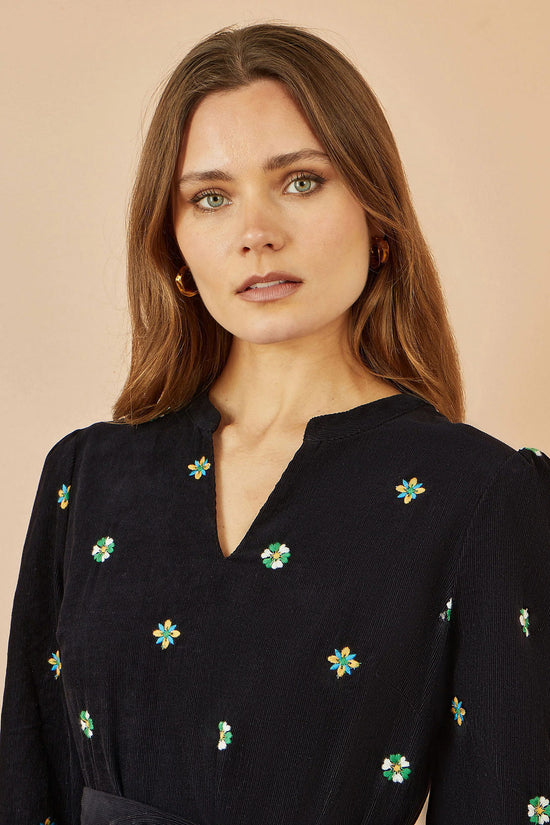 Yumi Black Cord Midi Dress | Floral Embroidery | UK Sizes 6–18 - QHA UK