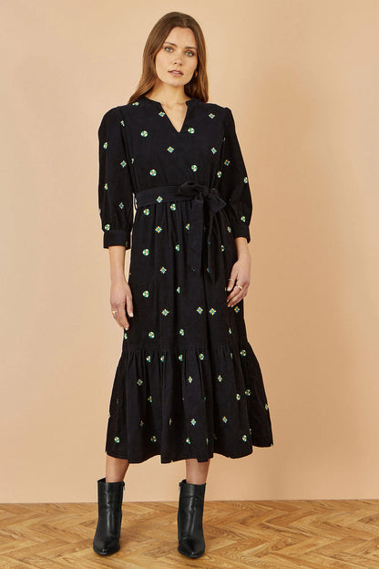 Yumi Black Cord Midi Dress | Floral Embroidery | UK Sizes 6–18 - QHA UK