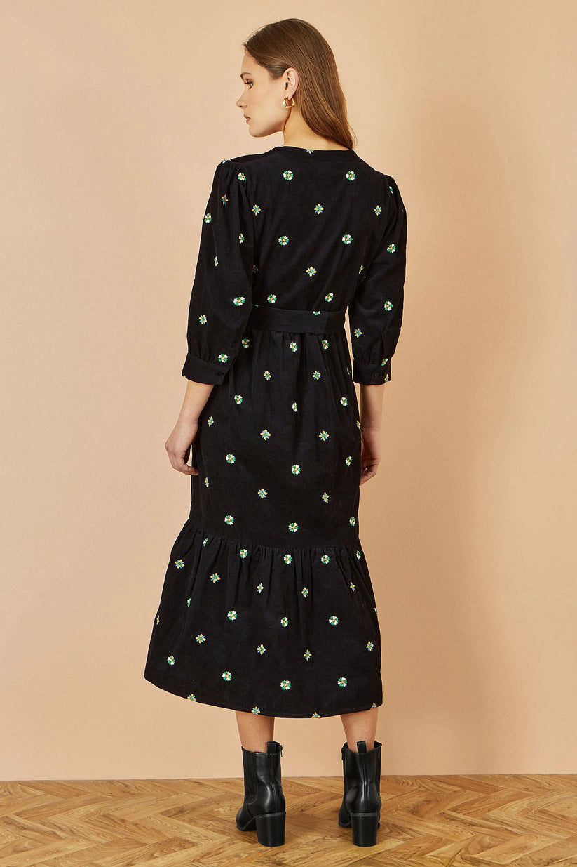 Yumi Black Cord Midi Dress | Floral Embroidery | UK Sizes 6–18 - QHA UK