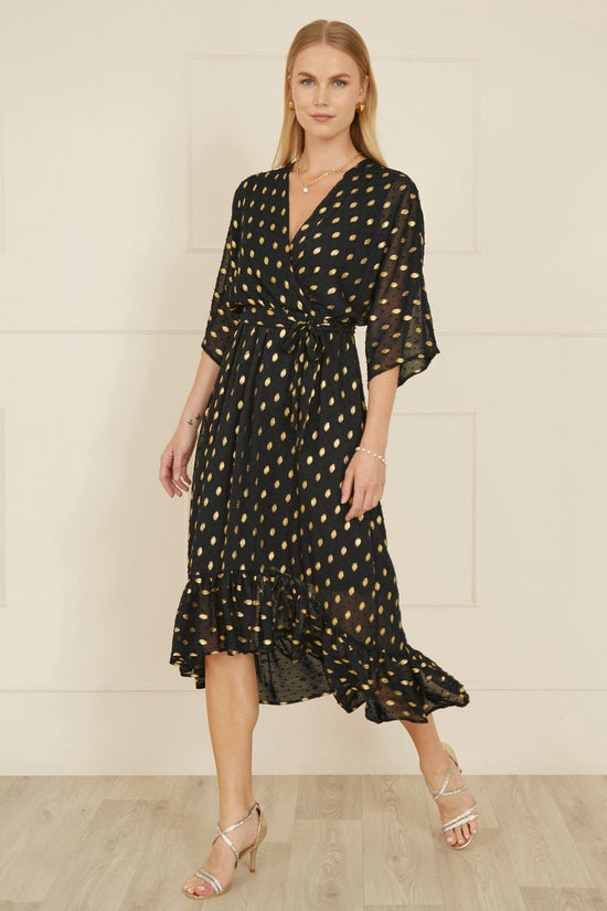 Yumi Black Foil Print Wrap Midi Dress | Kimono Sleeves | UK 6–28 - QHA UK