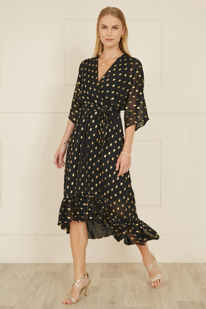Yumi Black Foil Print Wrap Midi Dress | Kimono Sleeves | UK 6–28 - QHA UK