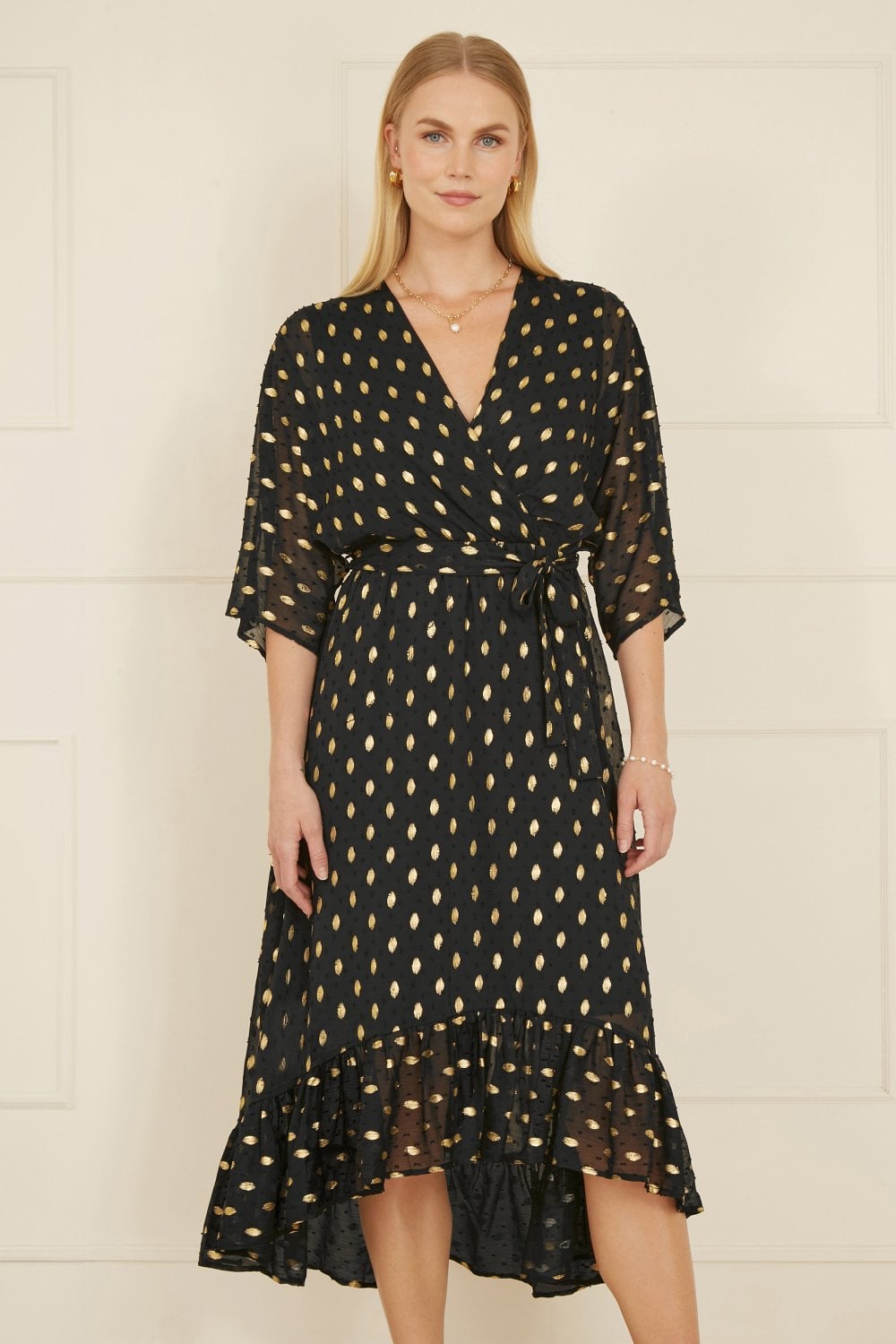 Yumi Black Foil Print Wrap Midi Dress | Kimono Sleeves | UK 6–28 - Pattern Detail - QHA UK