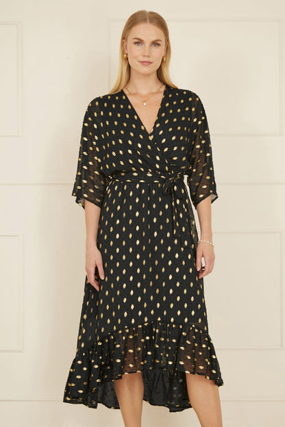 Yumi Black Foil Print Wrap Midi Dress | Kimono Sleeves | UK 6–28 - Pattern Detail - QHA UK