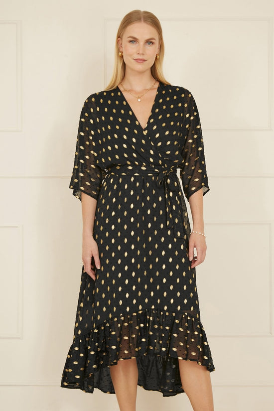 Yumi Black Foil Print Wrap Midi Dress | Kimono Sleeves | UK 6–28 - Pattern Detail - QHA UK