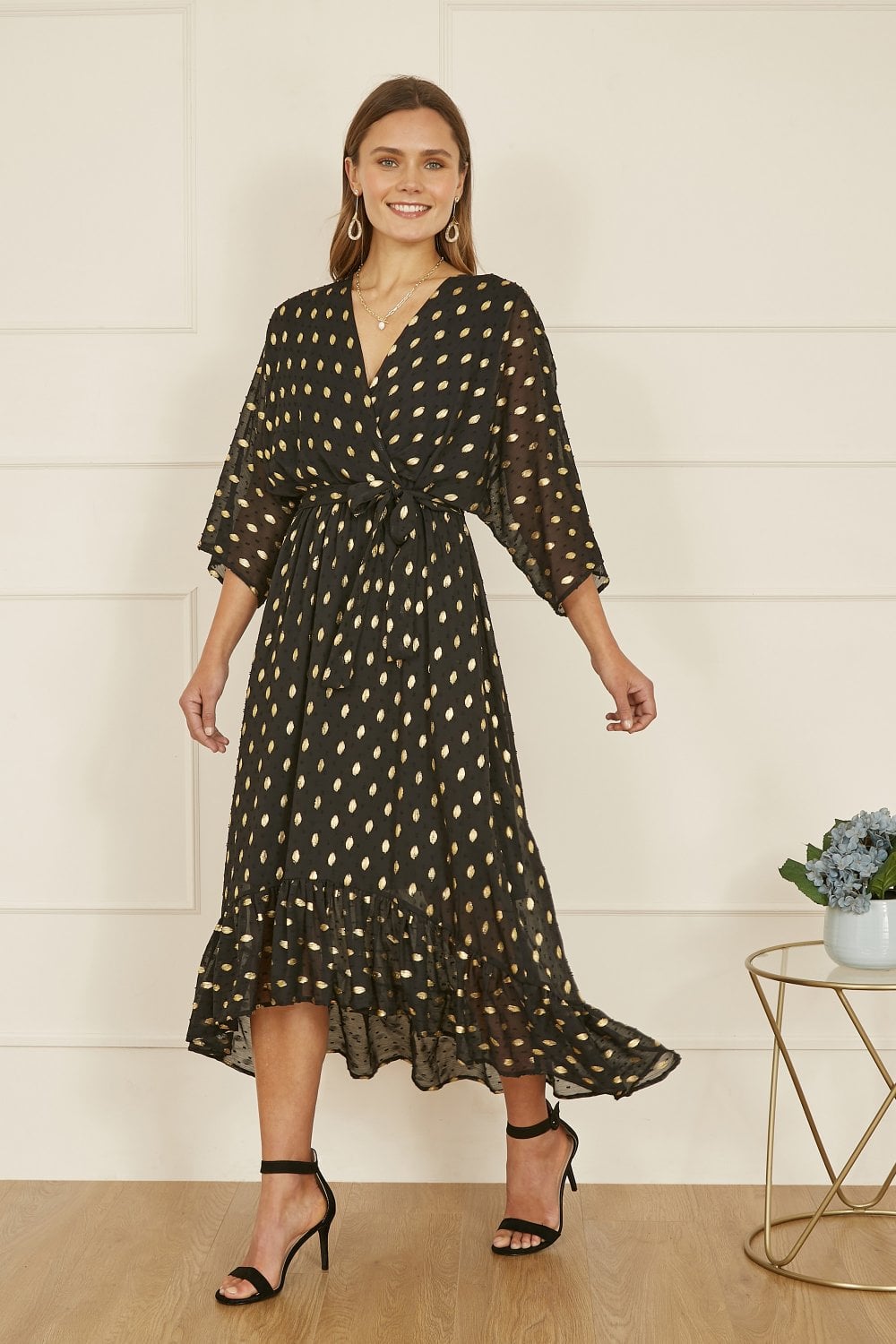 Yumi Black Foil Print Wrap Midi Dress | Kimono Sleeves | UK 6–28 - Pattern Detail - QHA UK