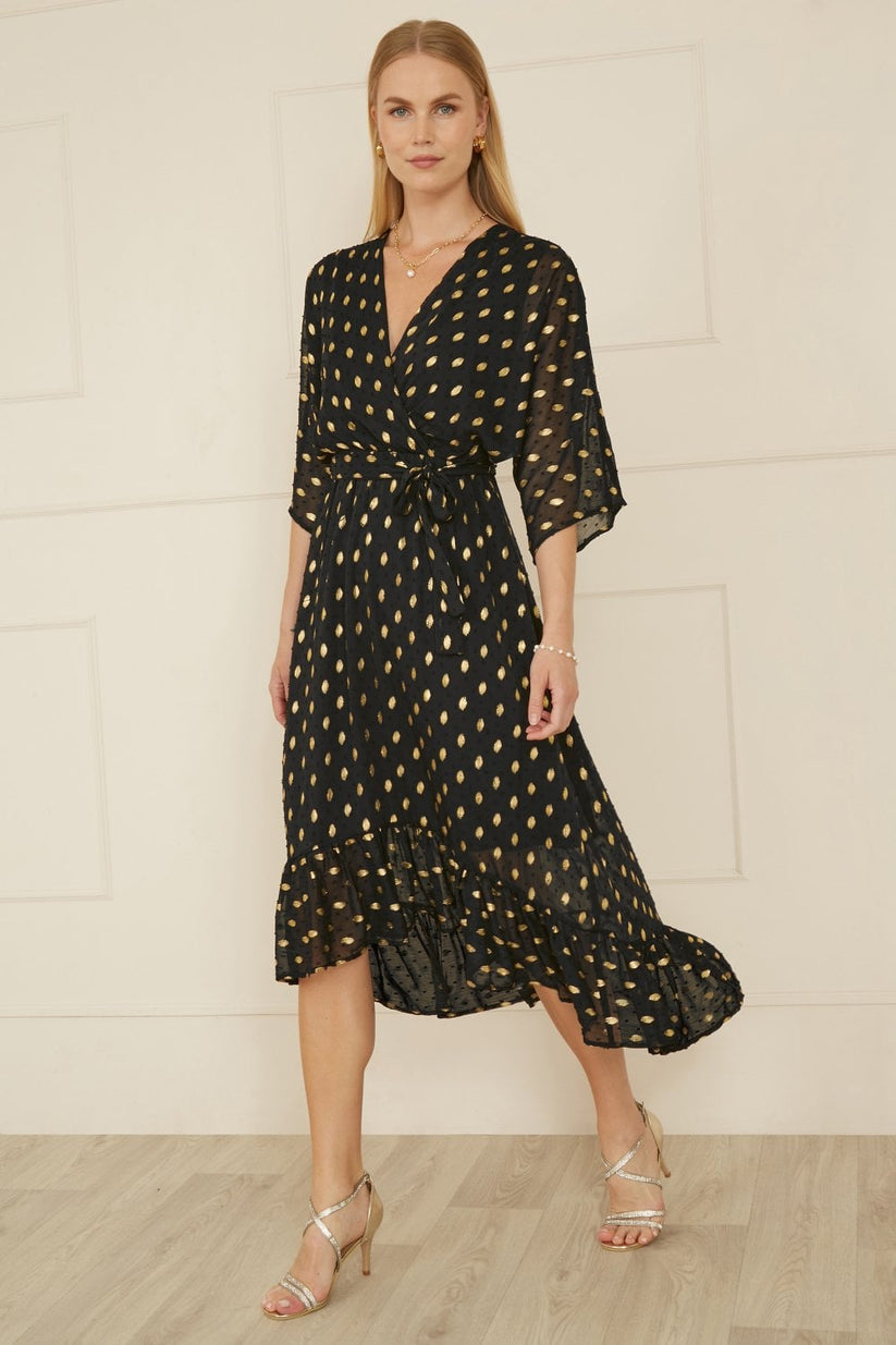 Yumi Black Foil Print Wrap Midi Dress | Kimono Sleeves | UK 6–28 - Pattern Detail - QHA UK