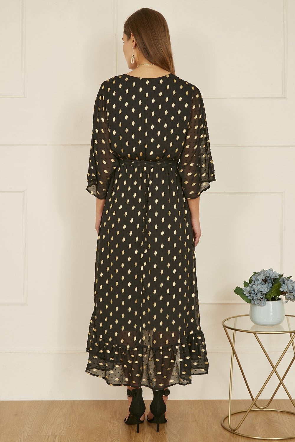 Yumi Black Foil Print Wrap Midi Dress | Kimono Sleeves | UK 6–28 - Pattern Detail - QHA UK