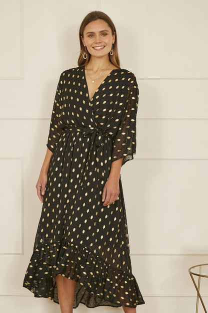 Yumi Black Foil Print Wrap Midi Dress | Kimono Sleeves | UK 6–28 - Pattern Detail - QHA UK