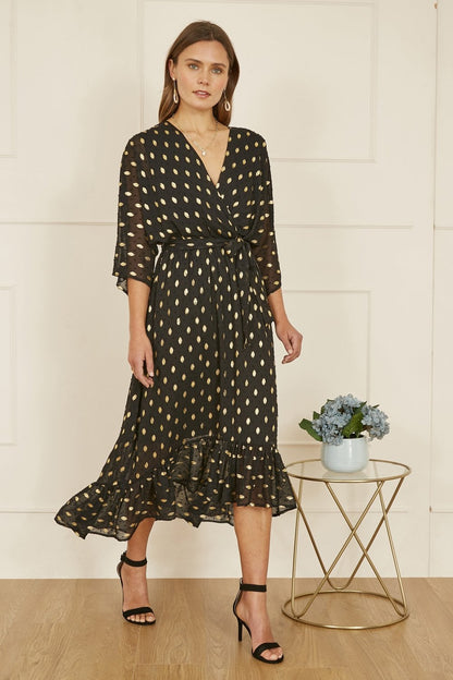 Yumi Black Foil Print Wrap Midi Dress | Kimono Sleeves | UK 6–28 - Pattern Detail - QHA UK