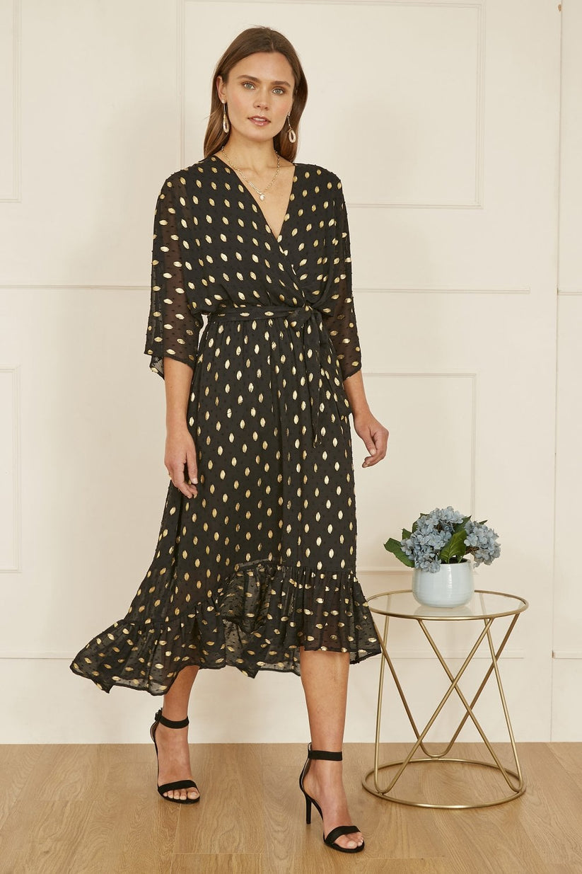 Yumi Black Foil Print Wrap Midi Dress | Kimono Sleeves | UK 6–28 - Pattern Detail - QHA UK