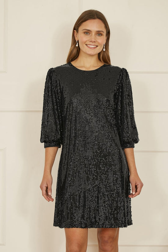 Yumi Black Sequin Dress | Balloon Sleeves | Party | UK Sizes 6–18 - QHA UK