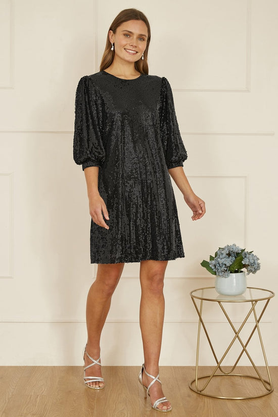 Yumi Black Sequin Dress | Balloon Sleeves | Party | UK Sizes 6–18 - QHA UK