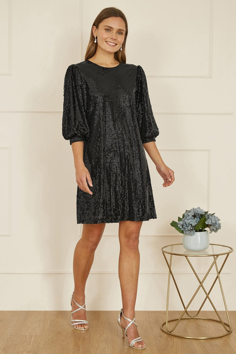 Yumi Black Sequin Dress | Balloon Sleeves | Party | UK Sizes 6–18 - QHA UK