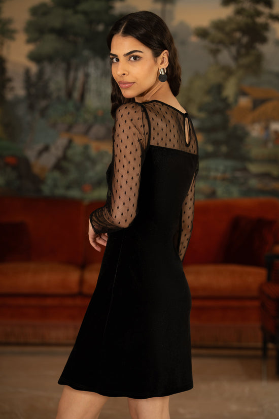 Yumi Black Velvet Bodycon Dress | Sheer Sleeves | UK Sizes 6–18 - QHA UK