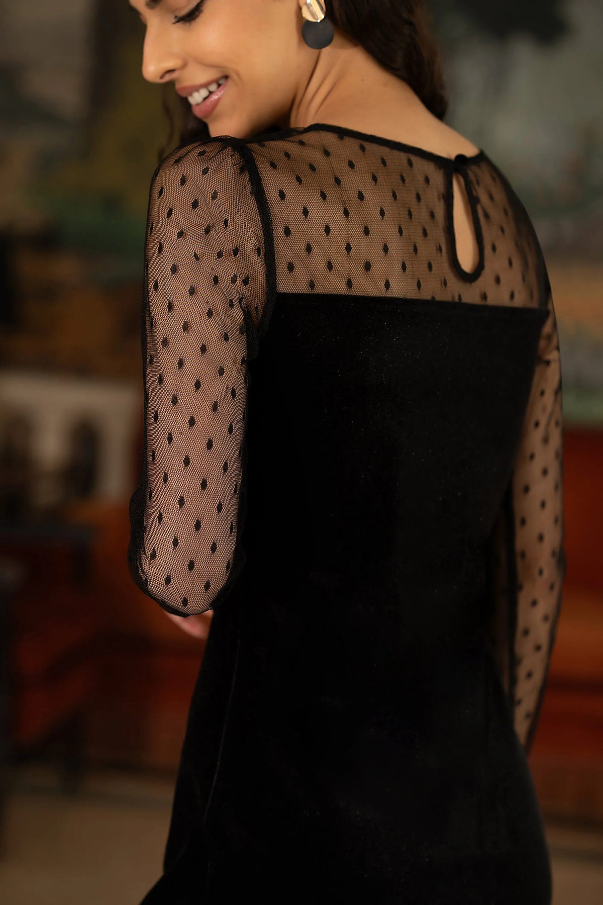 Yumi Black Velvet Bodycon Dress | Sheer Sleeves | UK Sizes 6–18 - QHA UK