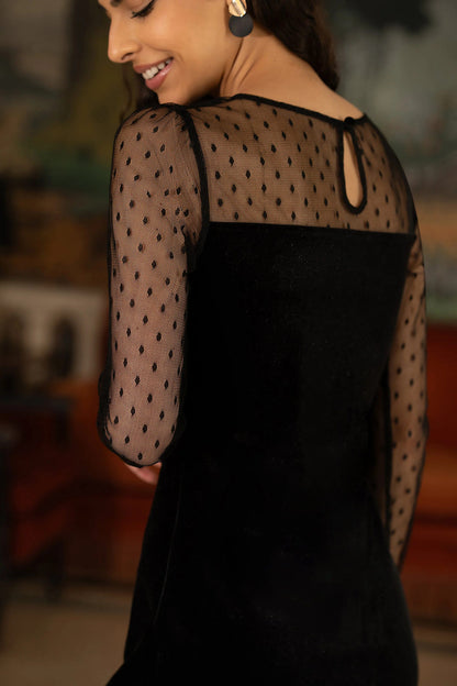 Yumi Black Velvet Bodycon Dress | Sheer Sleeves | UK Sizes 6–18 - QHA UK