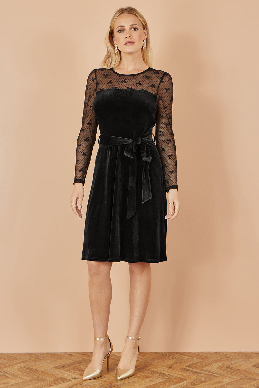 Yumi Black Velvet Skater Dress | Mesh Bow Sleeves | UK Sizes 6–18 - QHA UK