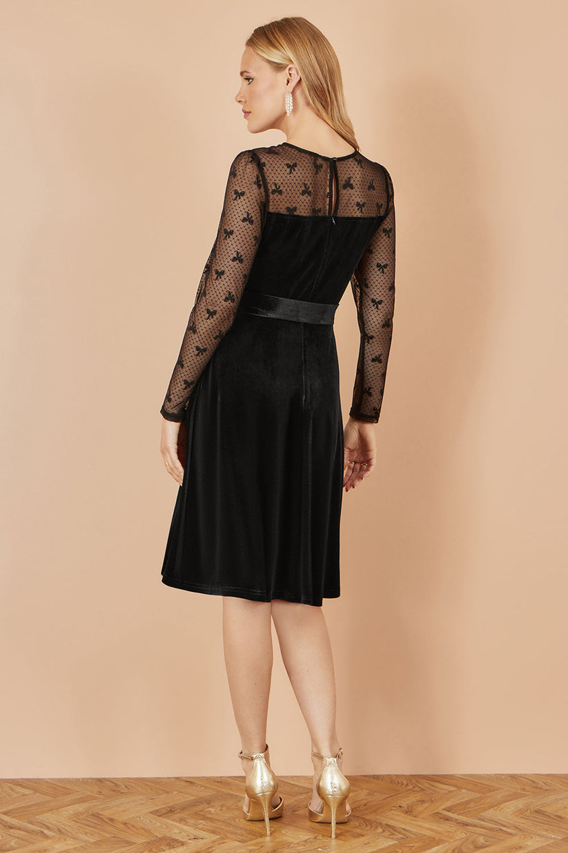 Yumi Black Velvet Skater Dress | Mesh Bow Sleeves | UK Sizes 6–18 - QHA UK