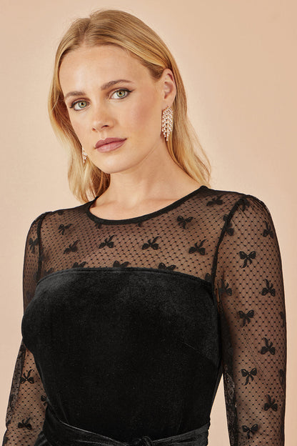 Yumi Black Velvet Skater Dress | Mesh Bow Sleeves | UK Sizes 6–18 - QHA UK