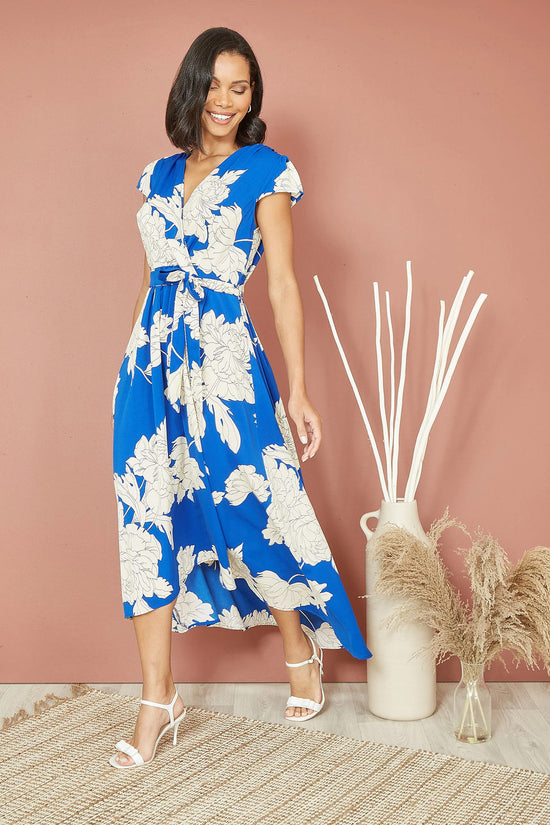 Yumi Blue Blossom Wrap Midi Dress | Dipped Hem | UK Sizes 6–28 - QHA UK
