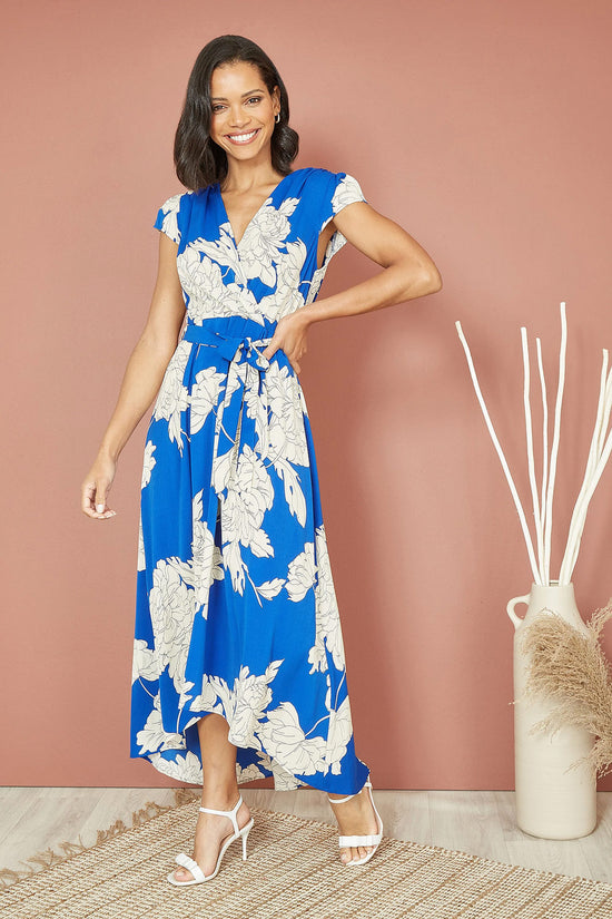 Yumi Blue Blossom Wrap Midi Dress | Dipped Hem | UK Sizes 6–28 - QHA UK