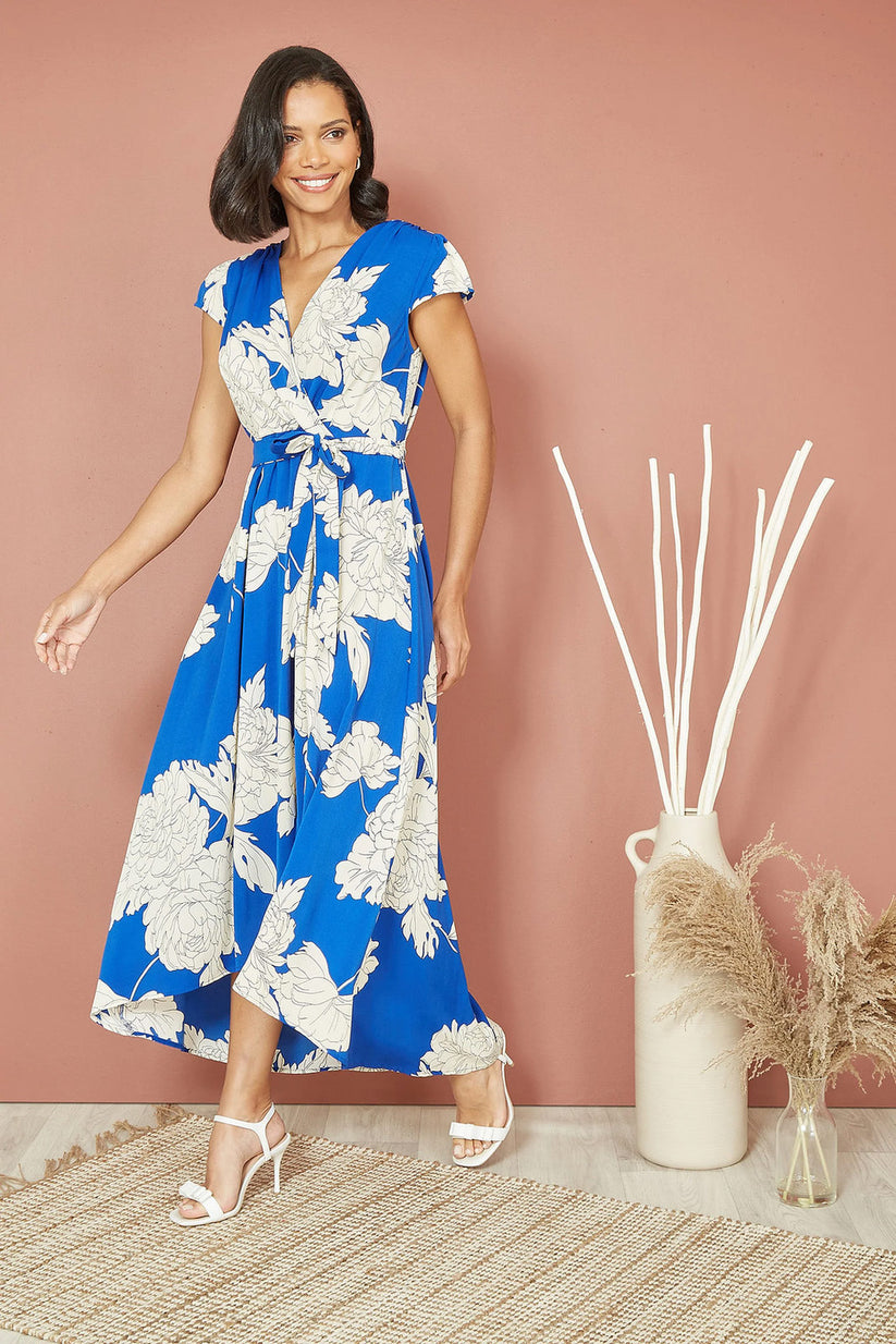 Yumi Blue Blossom Wrap Midi Dress | Dipped Hem | UK Sizes 6–28 - Pattern Detail - QHA UK