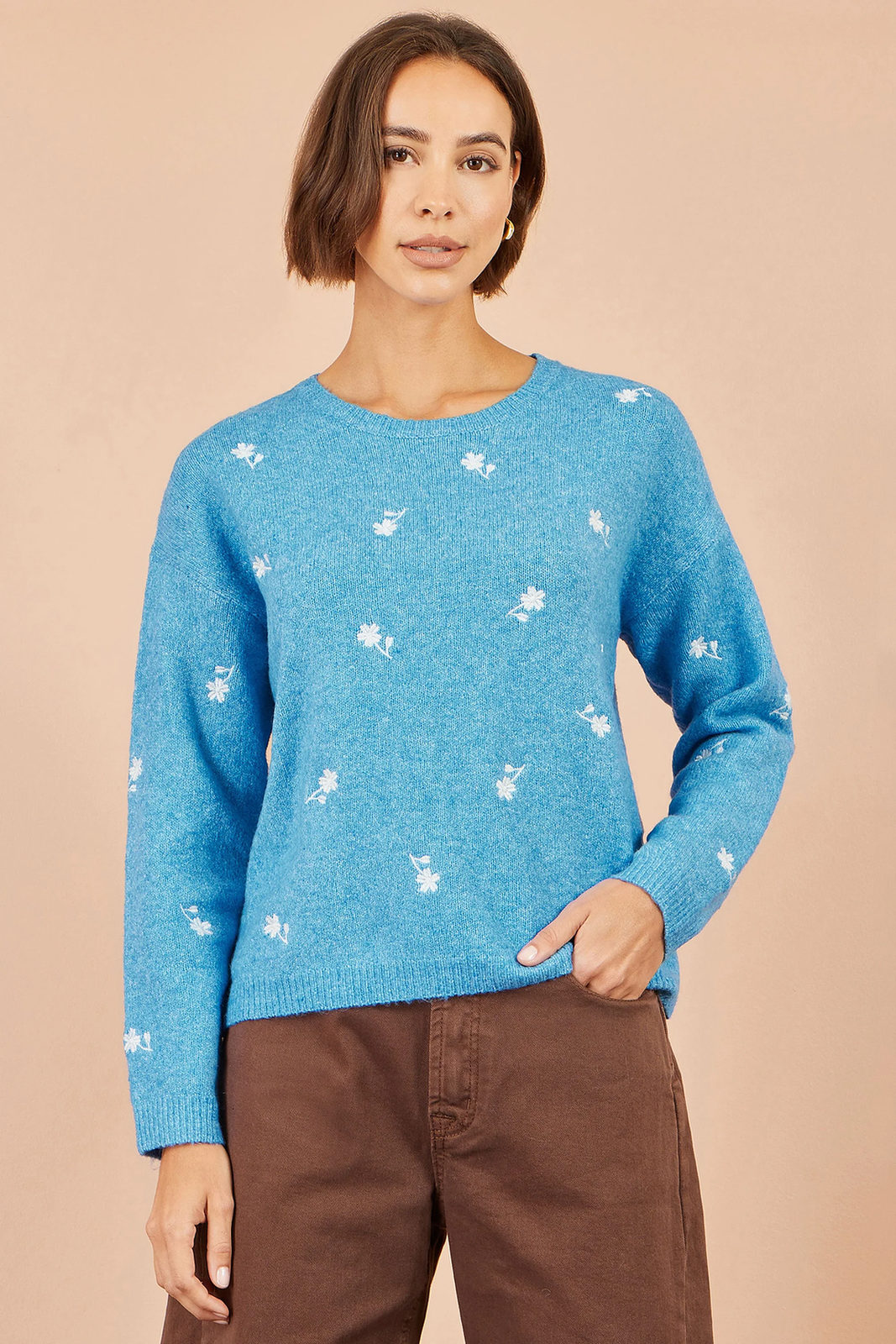 Yumi Women's Blue Daisy Embroidered Relaxed Knit Jumper | Sizes XS–XL | QHA UK - QHA UK