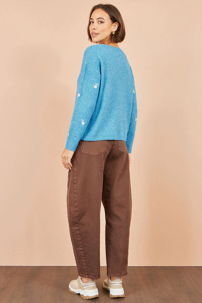 Yumi Women's Blue Daisy Embroidered Relaxed Knit Jumper | Sizes XS–XL | QHA UK - QHA UK