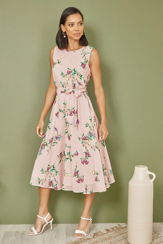 Yumi Pink Floral Midi Skater Dress | Wedding Guest | UK Sizes 6–18 - QHA UK